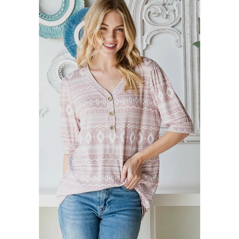 PLUS SIZE-Soft Blush Boho Button Top